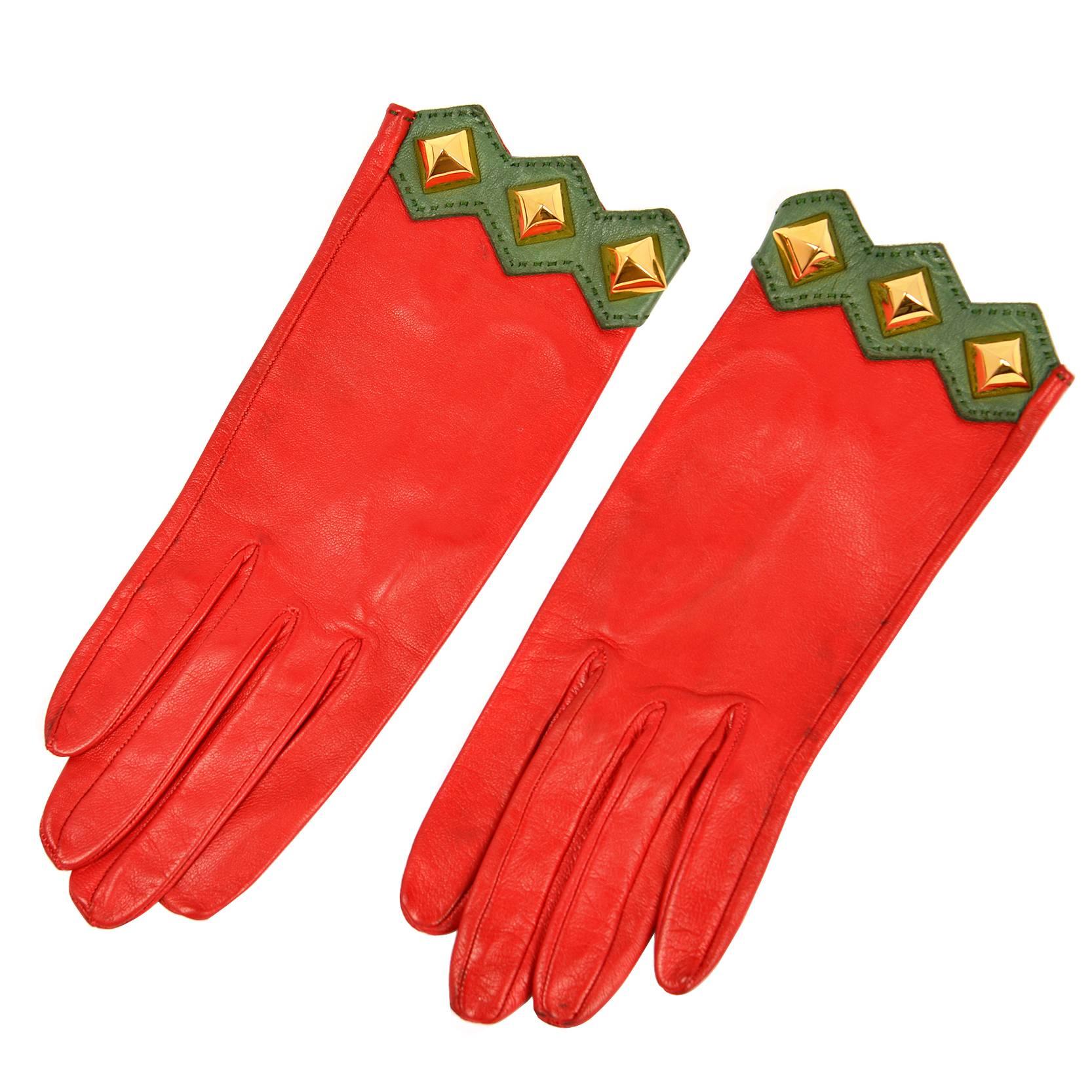 Vintage Hermes Paris Red Leather Gloves