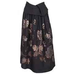 Retro Dries Van Noten Black Linen Skirt W/Metallic Floweral Embroidery