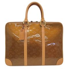 Used Louis Vuitton Monogram Beige Brown Patent Leather Satchel LapTop Briefcase Bag 