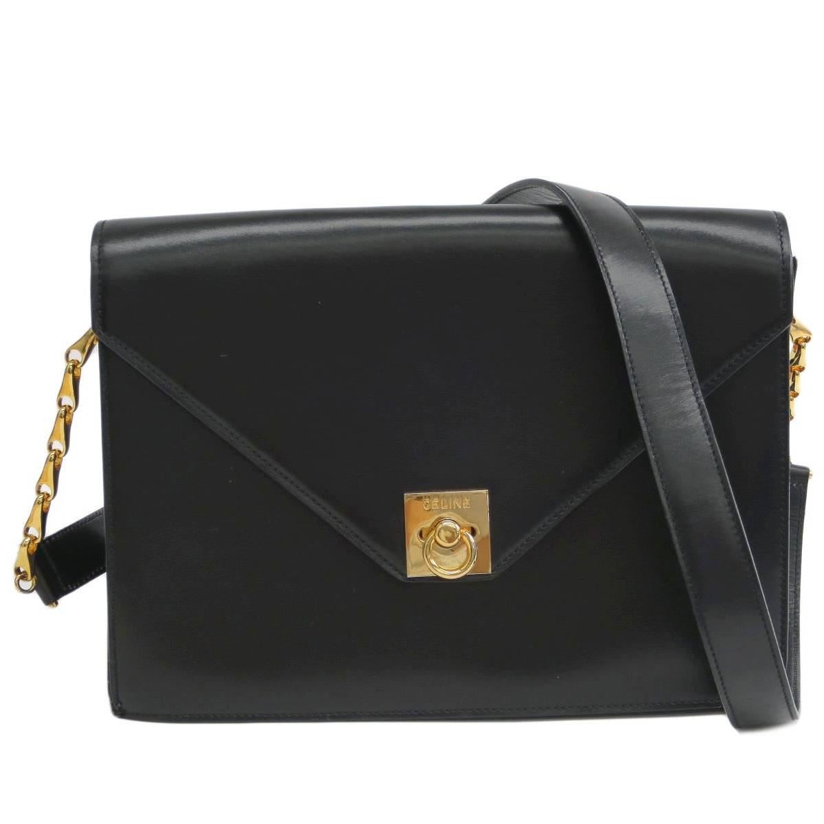 Celine Black Leather Gold Chain Flap Clutch Evening Shoulder Crossbody Bag
