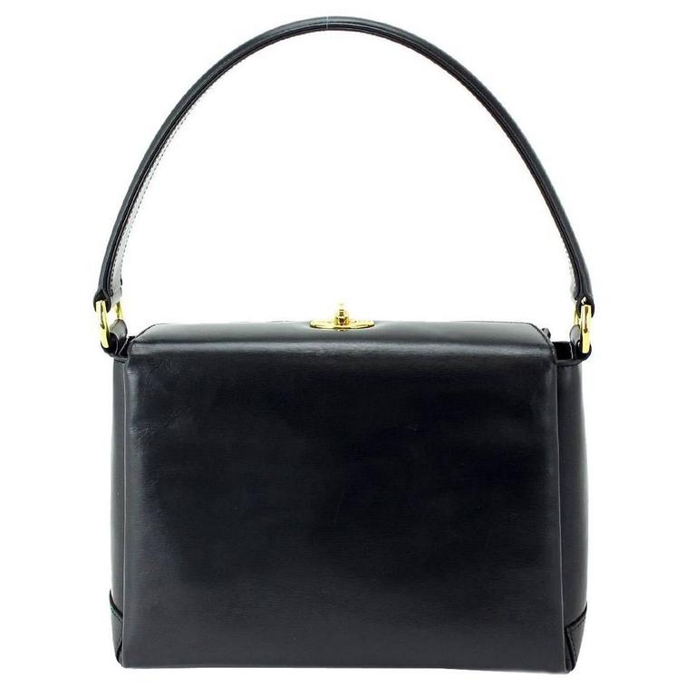 Gucci Vintage Black Leather Gold Kelly Style Box Top Handle Satchel  Shoulder Bag at 1stDibs