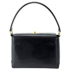 Gucci Vintage Black Leather Gold Kelly Style Box Top Handle Satchel Shoulder Bag