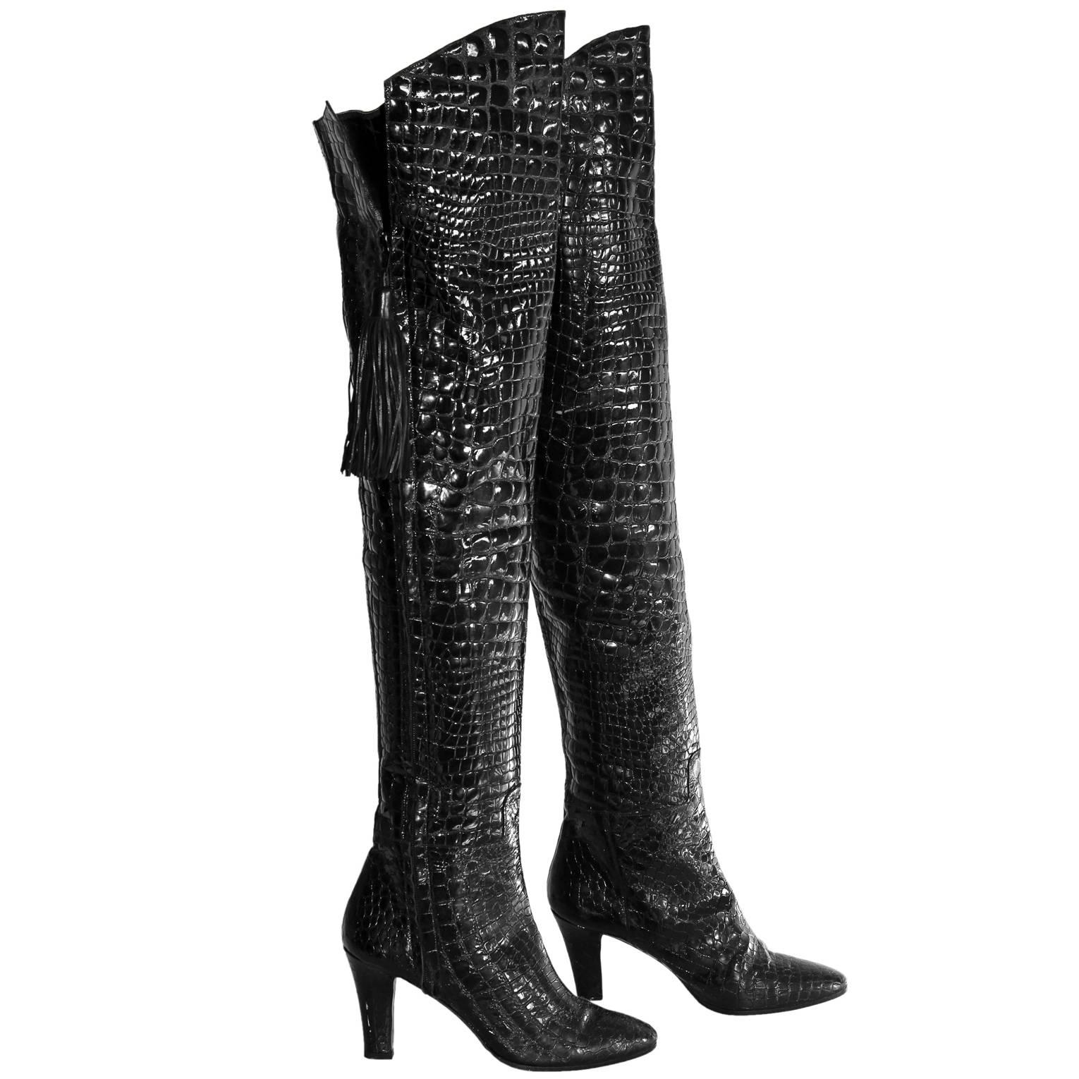 An Amazing Pair Of Yves Saint Laurent YSL Patent Crocodile Leather Thigh Boots! 