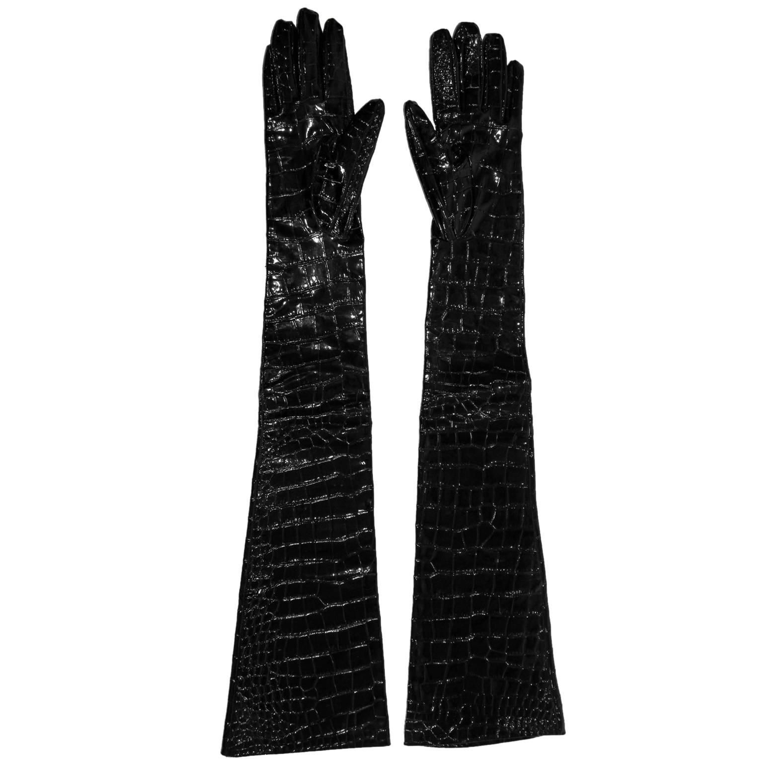 The Most Amazing Yves Saint Laurent YSL Patent Crocodile Leather Elbow Gloves! M