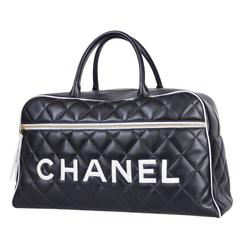 Retro Chanel Black Leather Letter Logo Jumbo Bowling Bag