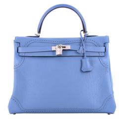 Hermes Kelly Ghillies Handbag Blue Paradis Clemence and Evercolor with Palladium
