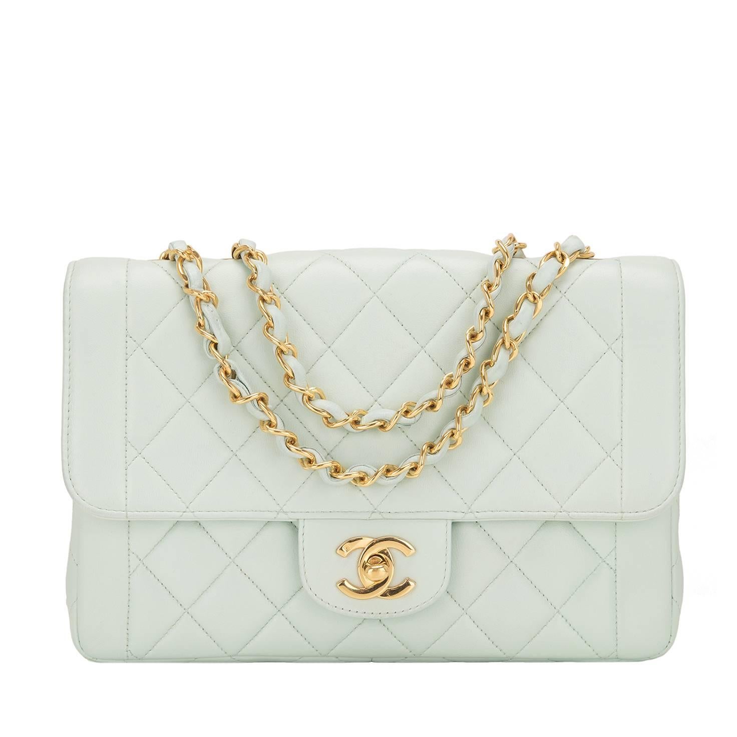 Chanel Vintage Light Turquoise Quilted Lambskin Flap Bag For Sale