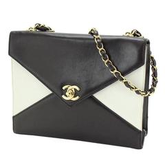 Chanel Black Ivory Colorblock Leather Gold Flap Envelope Clutch Shoulder Bag