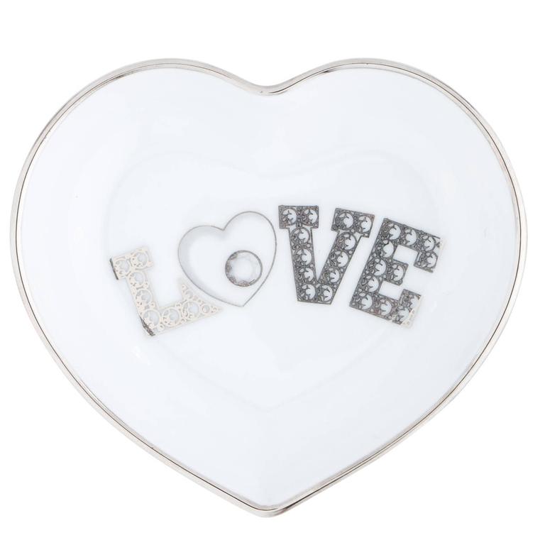 Chopard 'LOVE' Heart White Porcelain Silver Metal Trim Dish Jewelry