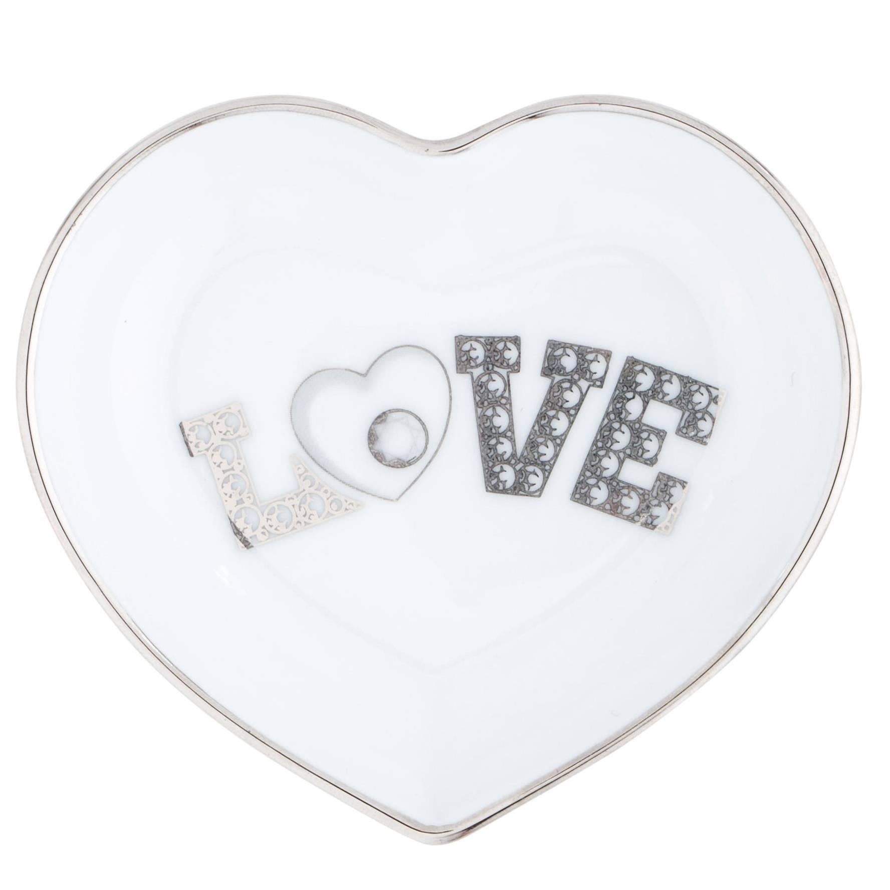 Chopard 'LOVE' Heart White Porcelain Silver Metal Trim Dish Jewelry Tray in Box