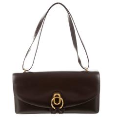 Hermes Vintage Dark Brown Box Leather Gold Top Handle Satchel Shoulder Flap Bag