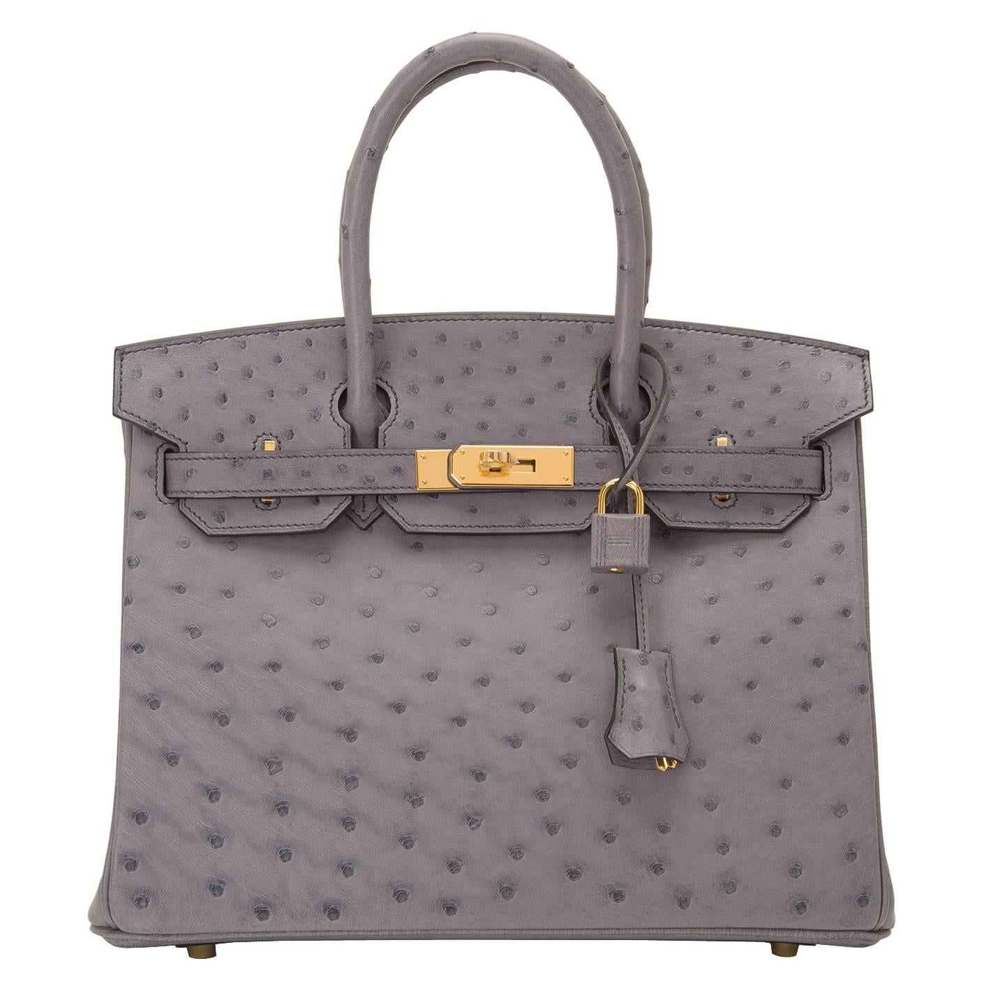 Hermes Gris Agate Ostrich Birkin 30cm Gold Hardware