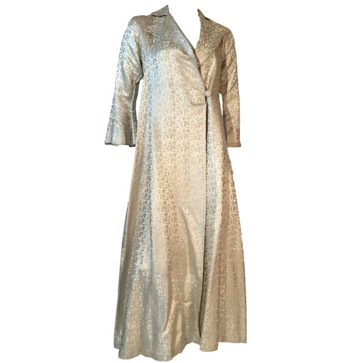 Thea Porter Made In France Cream Satin Paisley Damask Maxi Coat UK 8 For Sale