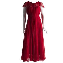 1930s Vintage Silk Chiffon Flutter Sleeve Evening Dress Gown Art Deco Size UK 8