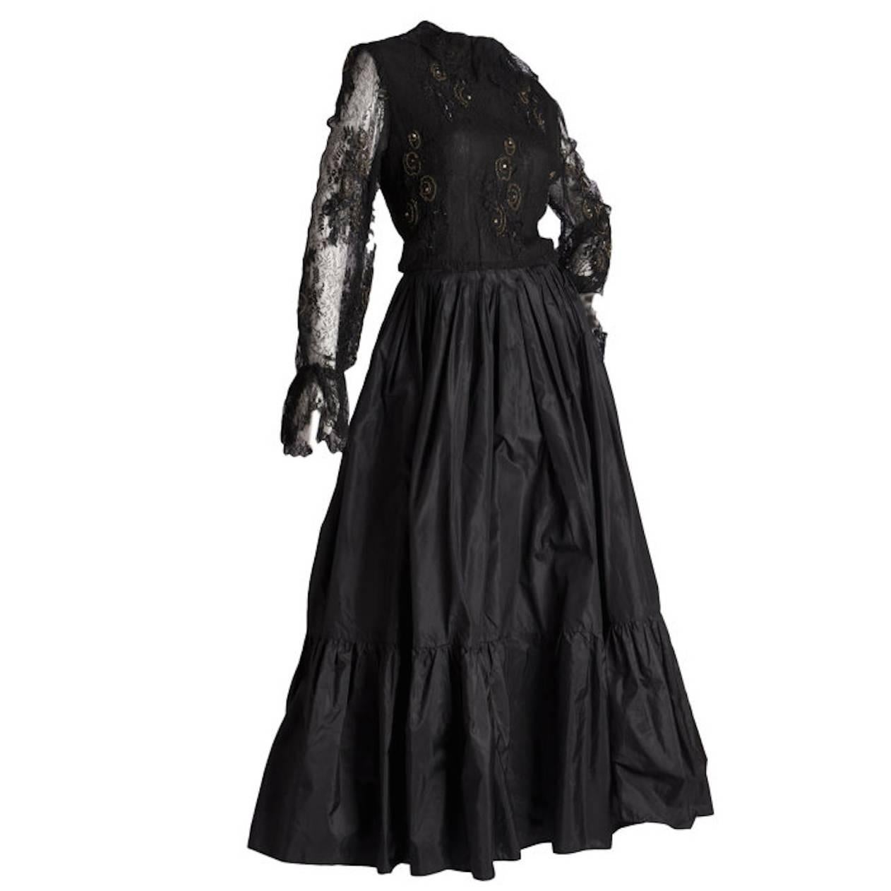 Couture Paul-Louis Orrier Vintage Black Lace Long Sleeve Maxi Cocktail Dress UK  For Sale