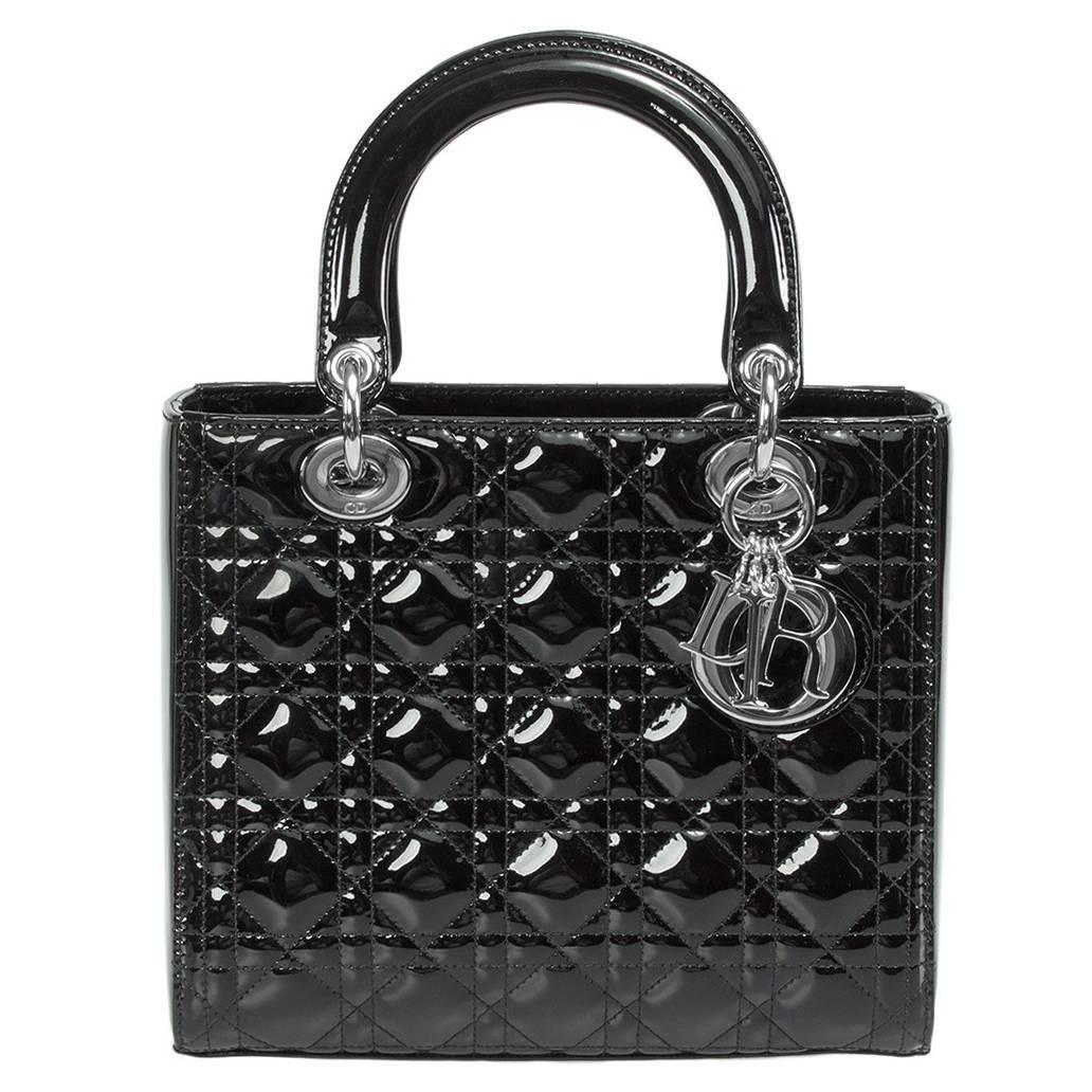 Lady Dior Patent Leather Bag  Black w/ Silver Hardware