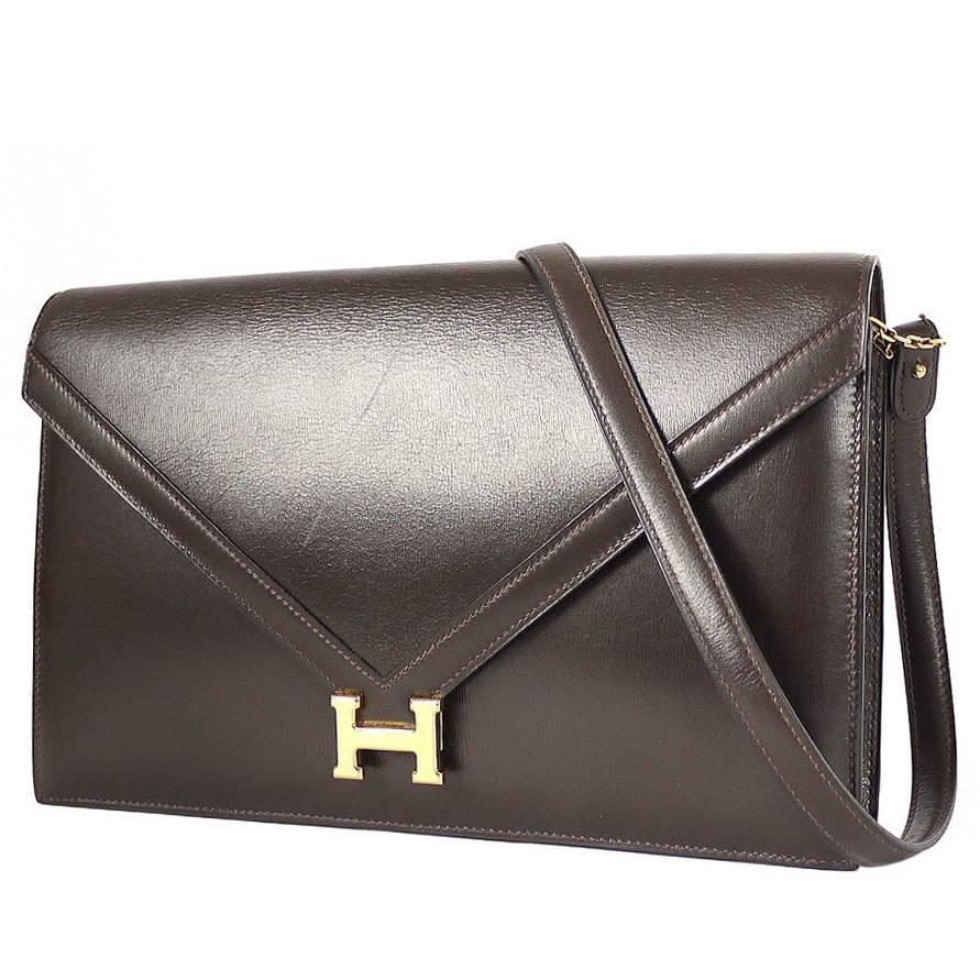 1980s Hermes Brown Box Calf Lydie 2way Clutch Shoulder Bag Rare