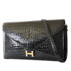 Vintage 1970s Hermes Black Crocodile Porosus Lisse Lydie 2way Shoulder Rare