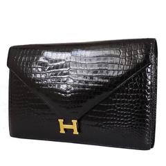 Vintage Hermes Black Crocodile Porosus Lisse Lydie Clutch Bag