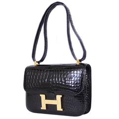 Hermes Black Crocodile Porosus Constance 23 Flap Bag