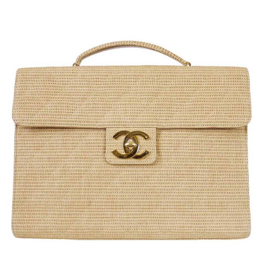 Vintage Chanel Straw Canvas Business Bag Laptop Computer Case