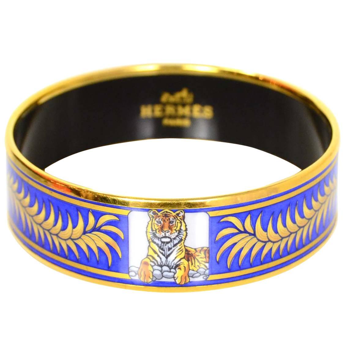 Hermes Rare Collectors Blue and Gold Tigre Royal Tiger Bangle Sz 65 For ...