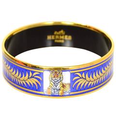 Hermes Rare Collectors Blue and Gold Tigre Royal Tiger Bangle Sz 65