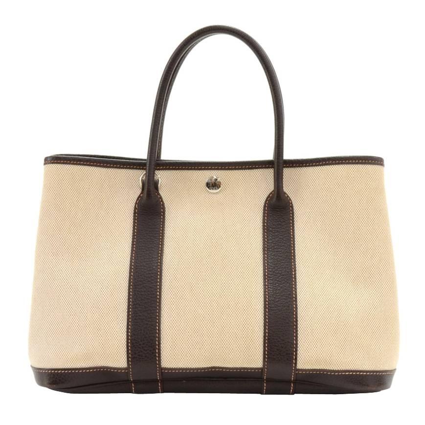 Hermes Garden Party TPM Chocolate Brown Leather Beige Canvas Hand Bag For Sale