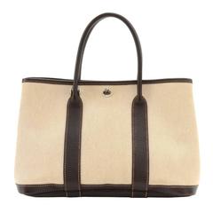 Retro Hermes Garden Party TPM Chocolate Brown Leather Beige Canvas Hand Bag