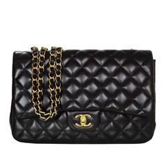 Chanel Black Lambskin Leather Single Flap Jumbo Bag with GHW