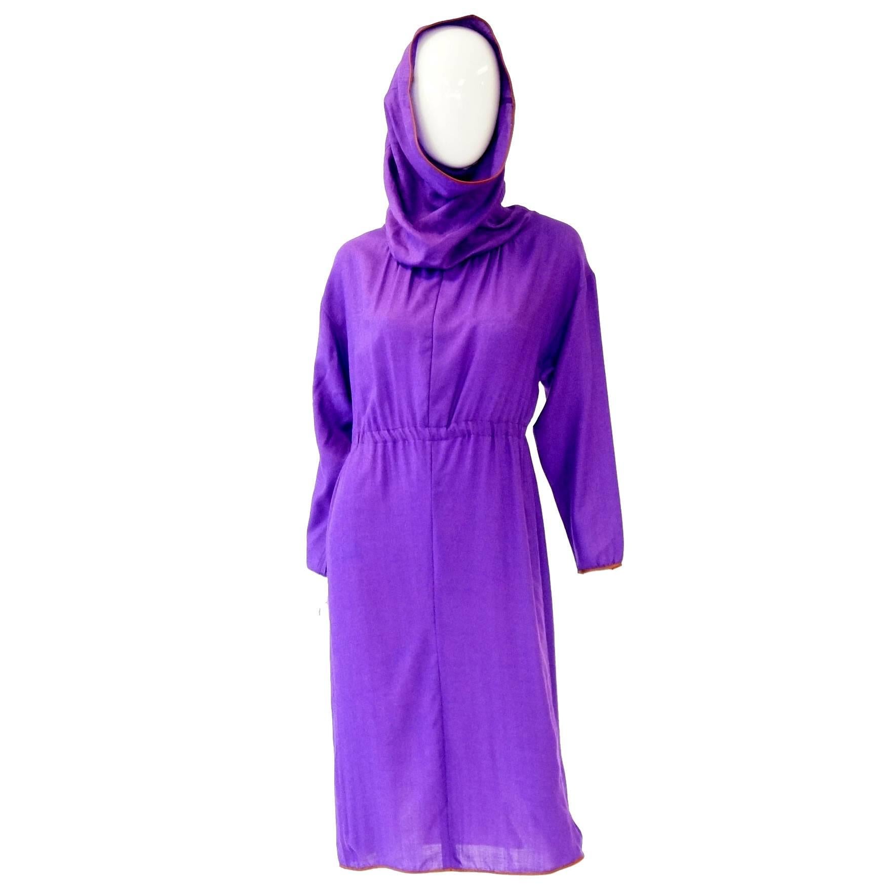 Late 20th Century Geoffrey Beene Purple Hooded Wool Dress  For Sale
