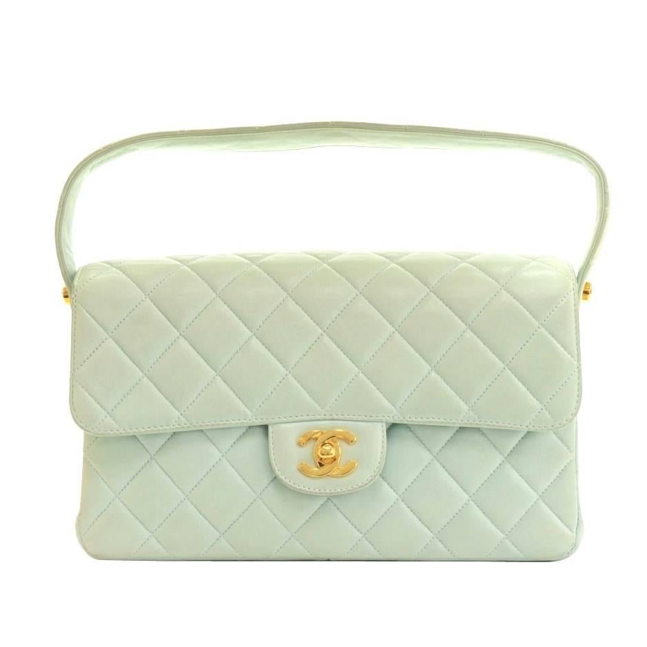 Chanel 10" Double Sided Light Green Cyan Quilted Leather Flap Handbag For Sale