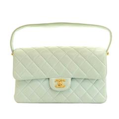 Retro Chanel 10" Double Sided Light Green Cyan Quilted Leather Flap Handbag