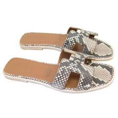 Hermes 'Oran' Grey Python Skin Sandals With Brown Leather Lining