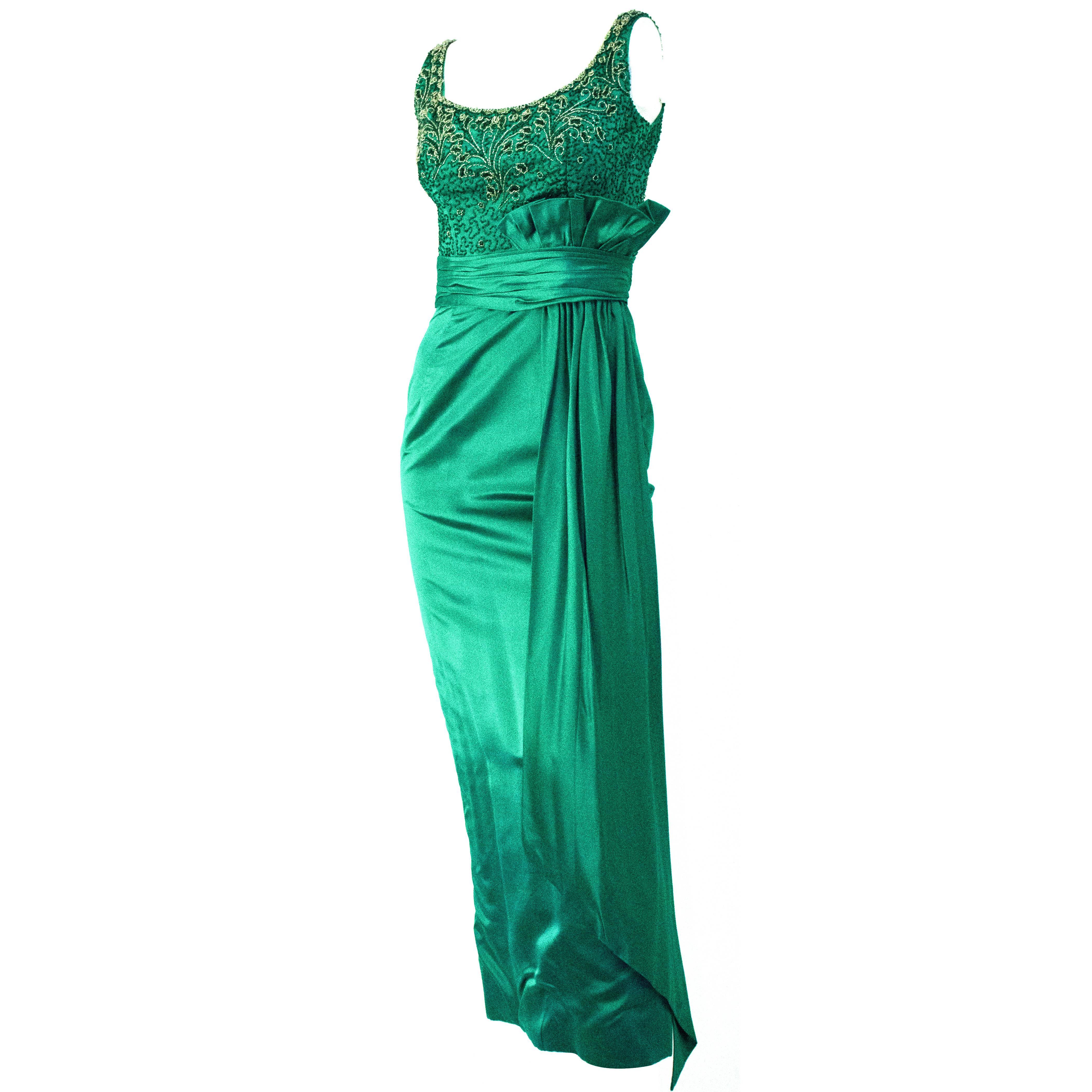 50s Green Satin Column Gown with Beaded Bodice and Gathered Waist Sash For Sale