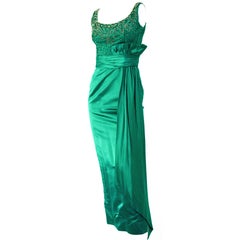 Vintage 50s Green Satin Column Gown with Beaded Bodice and Gathered Waist Sash
