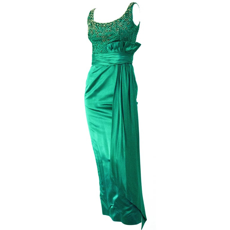50s Green Satin Column Gown with Beaded Bodice and Gathered Waist Sash For  Sale at 1stDibs
