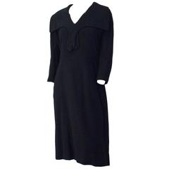 Vintage 50s Black Wool V Neck 3/4 Sleeve Fitted Dress