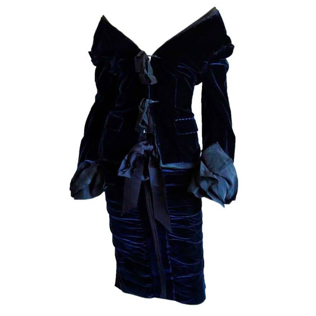 Rare et emblématique veste et jupe de défilé bleue Tom Ford YSL Rive Gauche, automne-hiver 2002 FR38