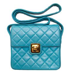 90s Turquoise Chanel Quilted Leather Shoulder Bag 