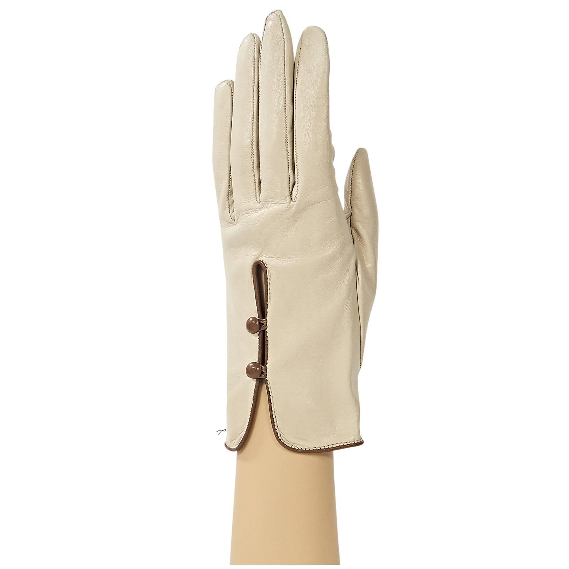 Cream Hermes Leather Gloves