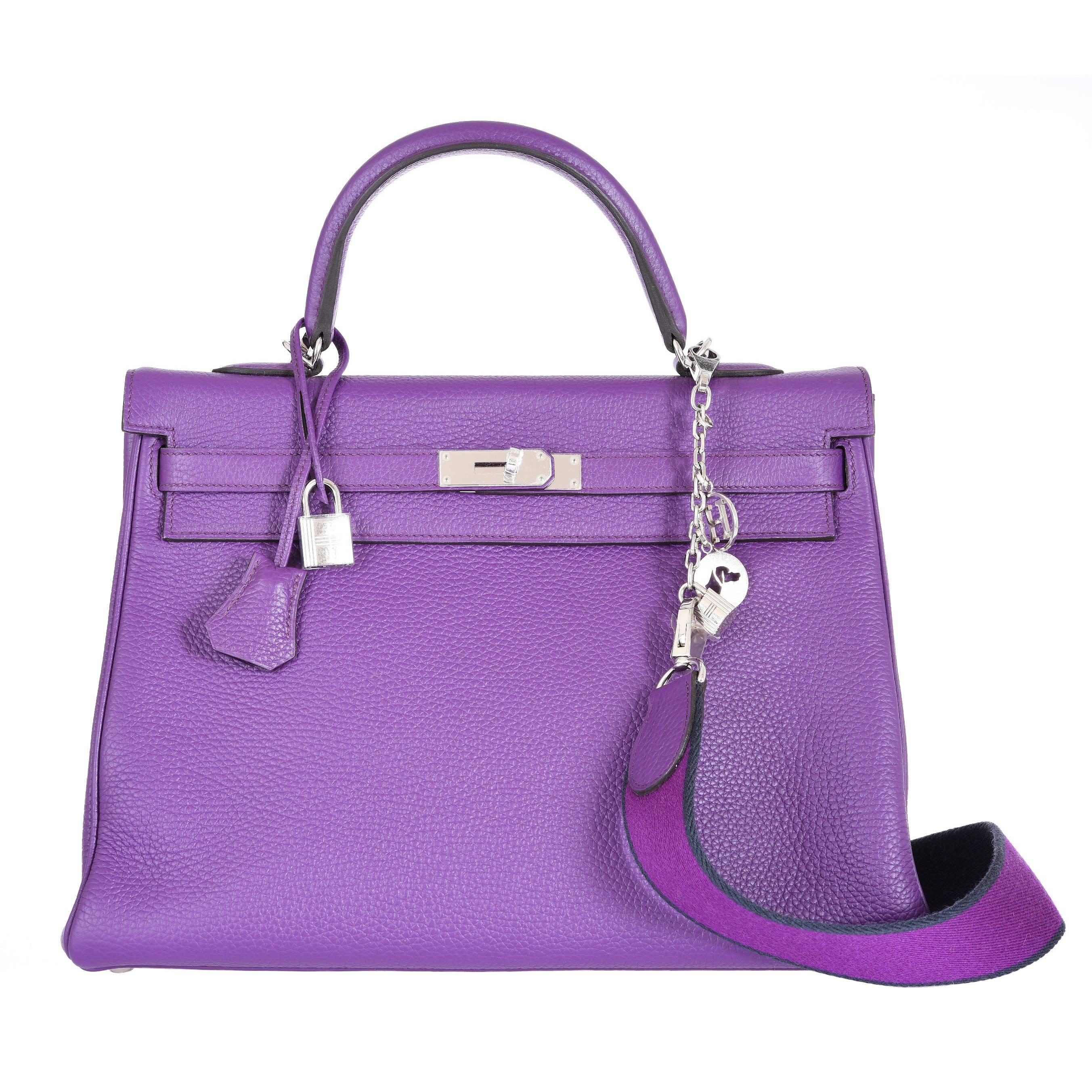 Hermes Kelly Bag 35cm Ultra Violet with PHW Amazone strap JaneFinds For Sale