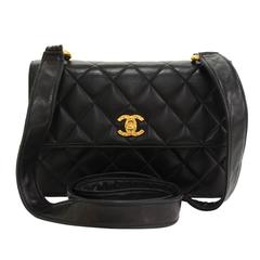 Vintage Chanel 9" Flap Black Quilted Leather Shoulder Pochette Bag