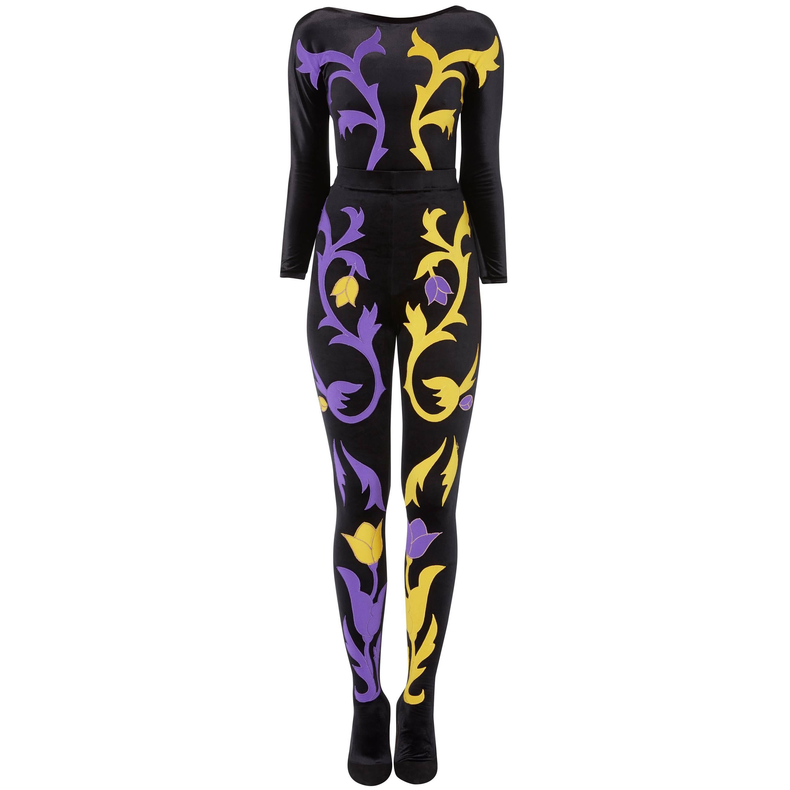 Versace Black, yellow & purple bodysuit & leggings, Autumn/Winter 1991 For Sale