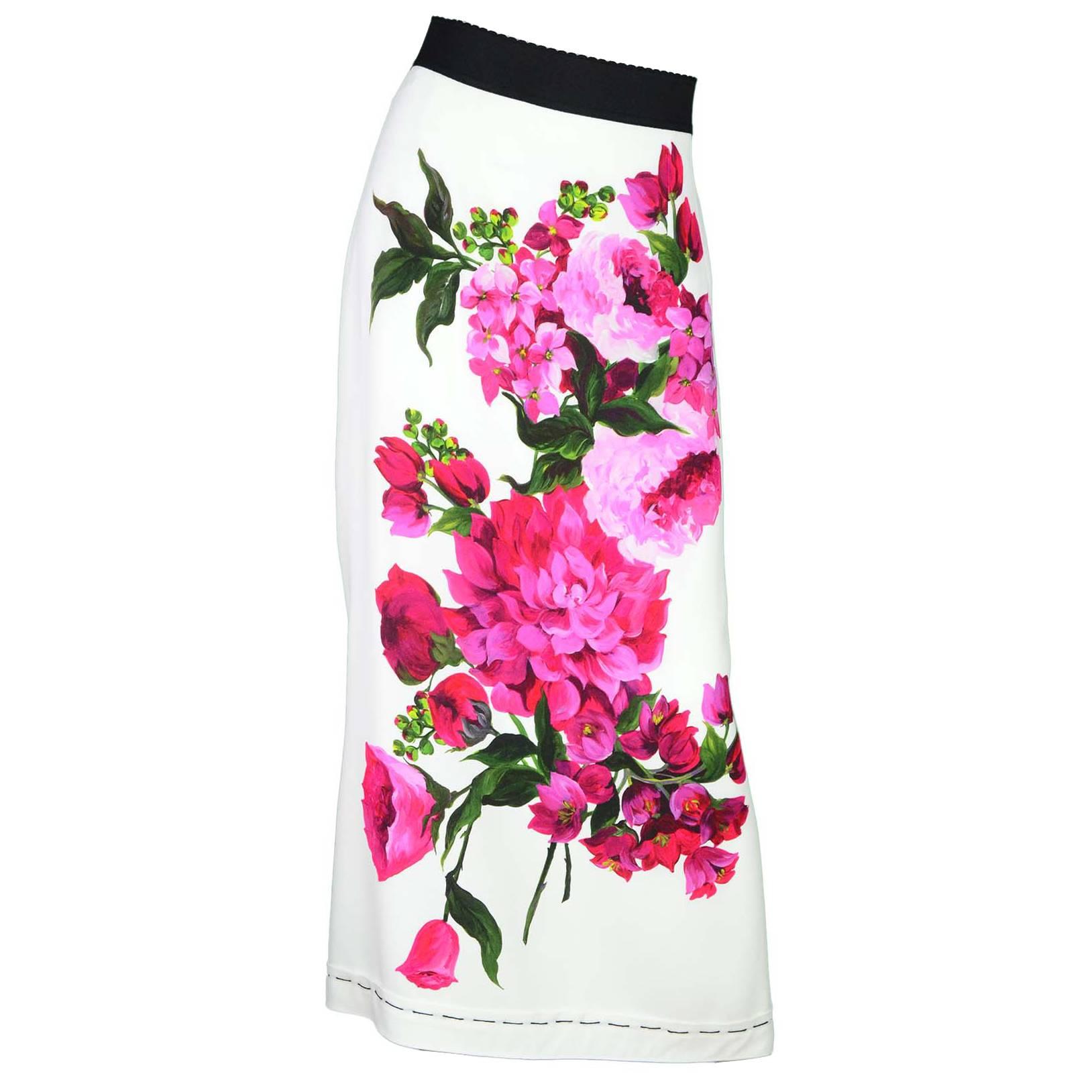 Dolce & Gabbana White Skirt with Floral Motif Sz 48 NWT rt. $1, 395