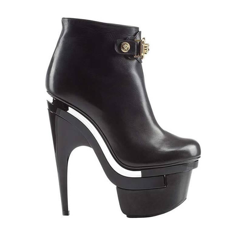 New Versace Signature Black Leather Boots with Triple Platform