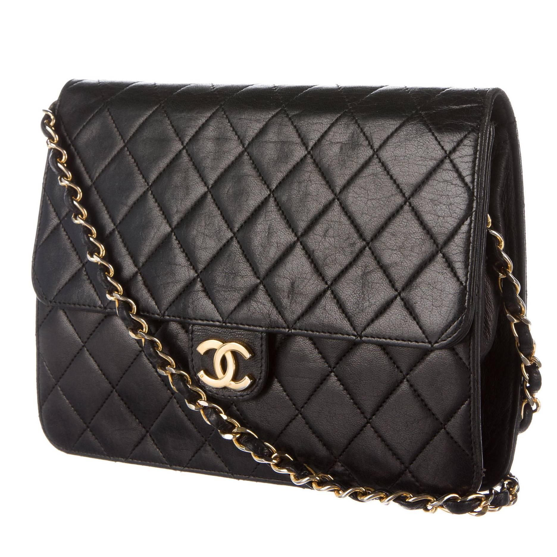Chanel Vintage Black Lambskin Quilted Single Flap Shoulder Crossbody Bag