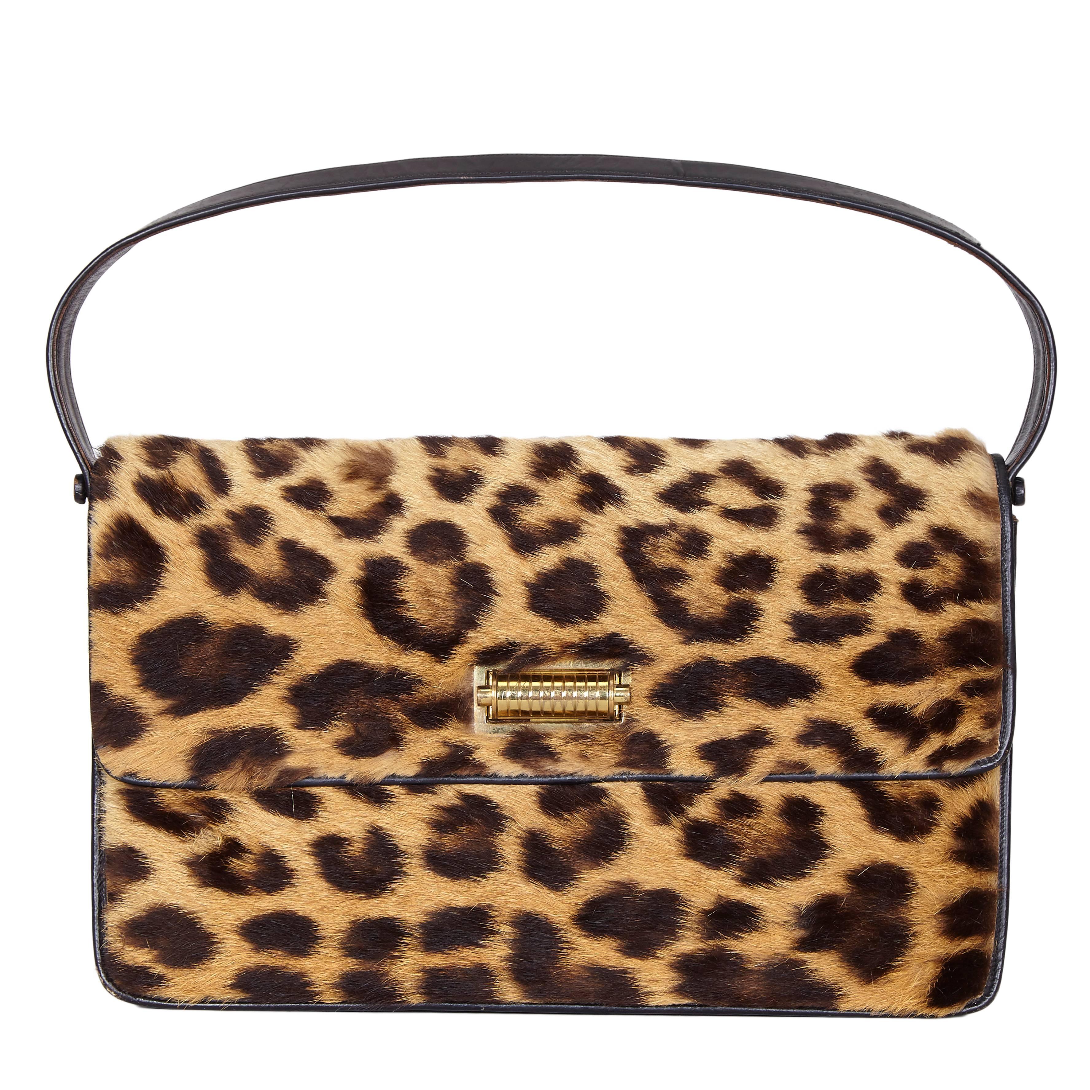 1950s Large Size Leopard and Black Leather Bag