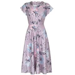 1950s Mauve Polished Cotton Floral Dress