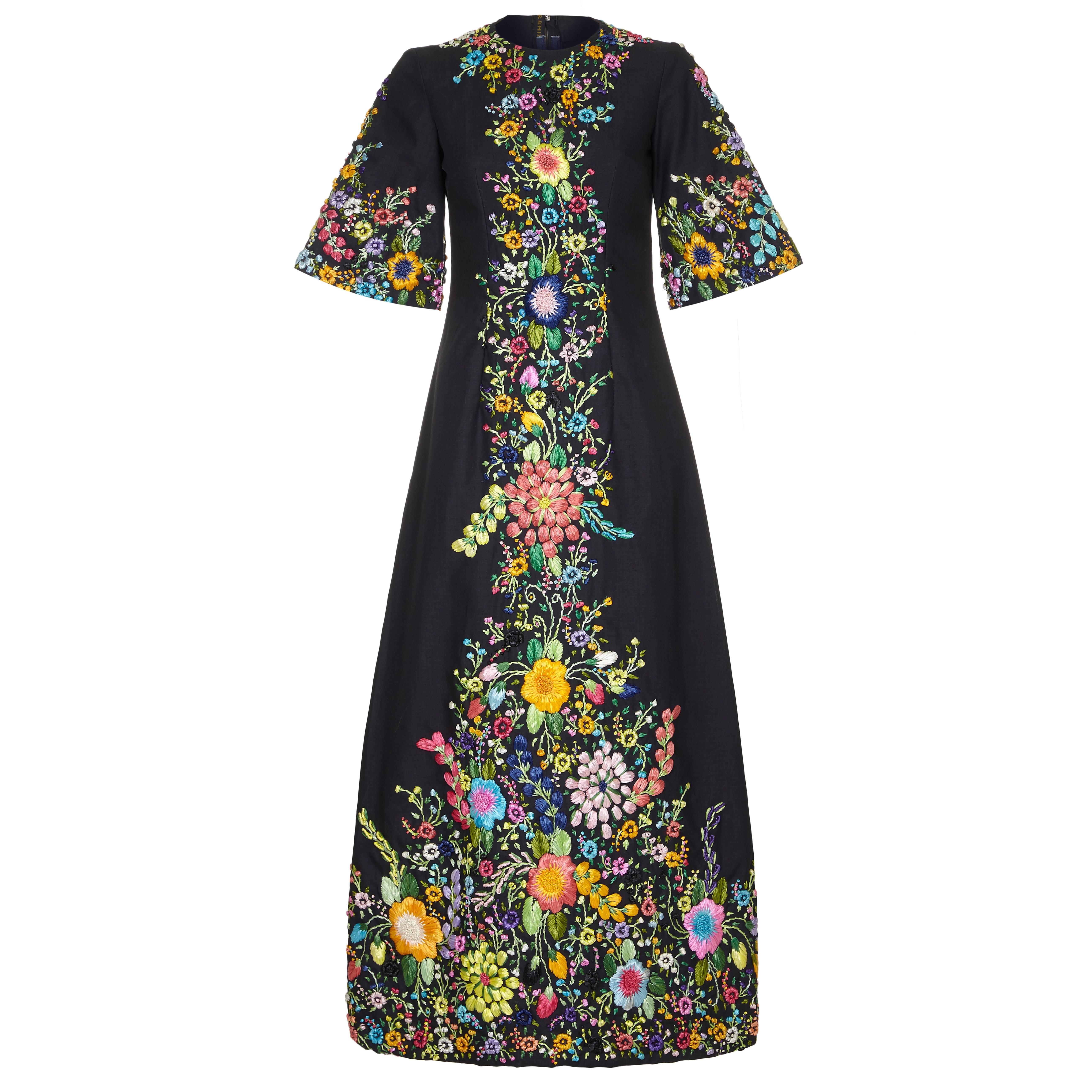 Extraordinary1960s Black Linen Dress with Raffia Embroidery
